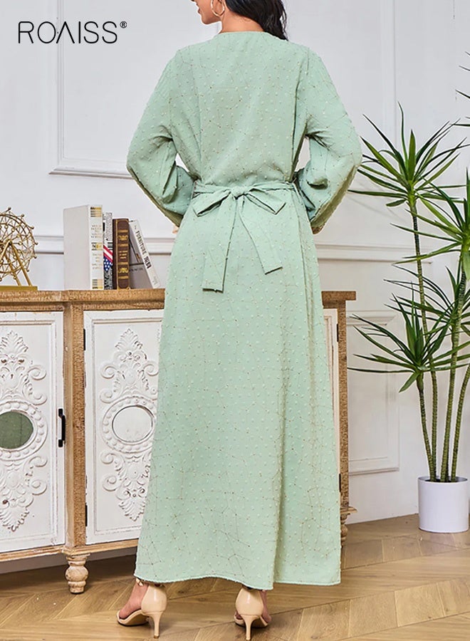 roaiss Women's V-Neck High Waist Long Sleeve Maxi Dress, Elegant Embroidered Trim A-Line Dress, Breathable Polyester Wide Sleeve Loose Dress, Boho Modest Ethnic Style Dress for Spring Vacation Holiday Festival Resort Daily Wear, Light Green - Image 3